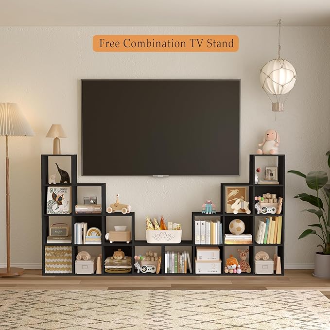 Ladder Cube Storage Bookcase - Wooden L-Shaped 4-Tier Corner Shelf, Reversible 10-Cube Organizer for Home & Office, Black