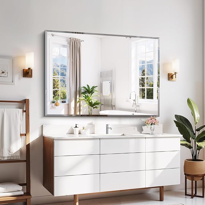 Beveled Bathroom Mirror, 55x36 Inch Large Frameless Mirrors for Over Sink, Upgraded Shatterproof Beveled Vanity Mirror for Bathroom,Bedroom,Living Room and Entryway