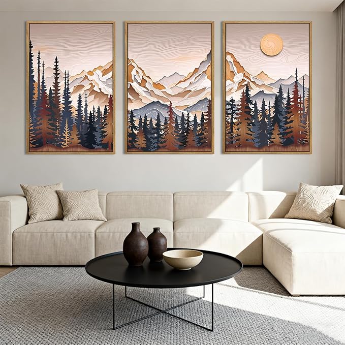 Anyzal Large Mountain Wall Art Pine Tree Forest Wall Decor Modern Abstract Mountain Range Painting Set of 3 for Living Room Bedroom Office 16x24 Inch