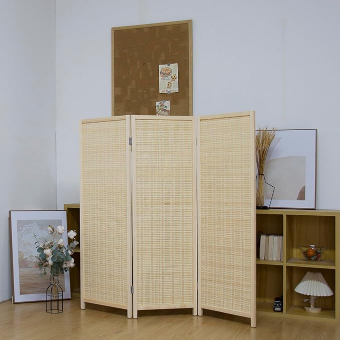 3 Panel Short Panel Divider Screen,3.95 FT Tall Bamboo Room Divider Folding Privacy Screen,Short Panel Divider Freestanding Room Divider for Room Seperation,Beige
