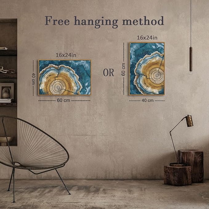 BingruiArt Framed Tree Ring Canvas Wall Art Abstract Wood Wall Decor Boho Modern Colorful Nature Painting Wood Stump Prints Pictures for Living Room Bedroom Bathroom Office 16"x24" Natural Framed(07)