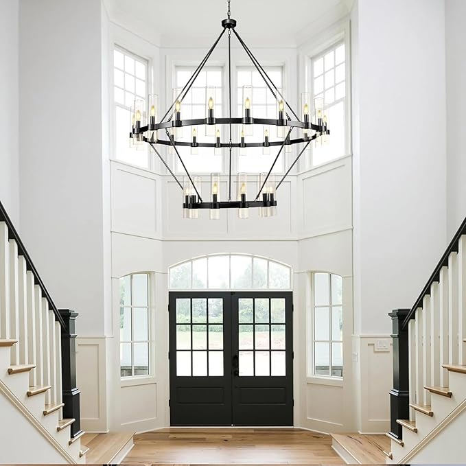 2 Tier Black Wagon Wheel Chandelier, 60 Inch Farmhouse Chandelier with Glass Tube, 30-Light Large Round Chandeliers for Dining Room, Living Room, Bedroom and Entryway