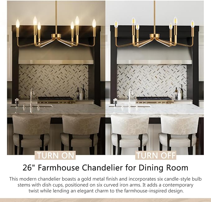 Jonsi Gold Chandelier - 26" Modern Brushed Brass Chandelier Light Fixture 6 Light Industrial Candle Lighting Hanging Ceiling for Living Dining Room, Kitchen Island