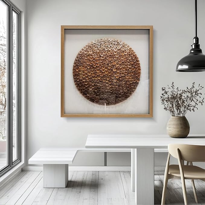 BrightA Natural Wood Paper Cylinder Wall Art Brown Gradient Color Circular Design with Earthy Tones Framed Artwork Modern Minimalist Home Decor for Living Room 59"x59"