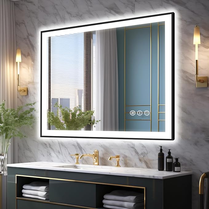 40x32 Bathroom LED Mirror, Black Aluminum Edge Lighted Mirror, 3 Colors Stepless Dimmable Vanity Mirror, Skincare, Anti-Fog, Shatter-Proof, ETL Listed, Memory Smart Mirror(Horizontal/Vertical)
