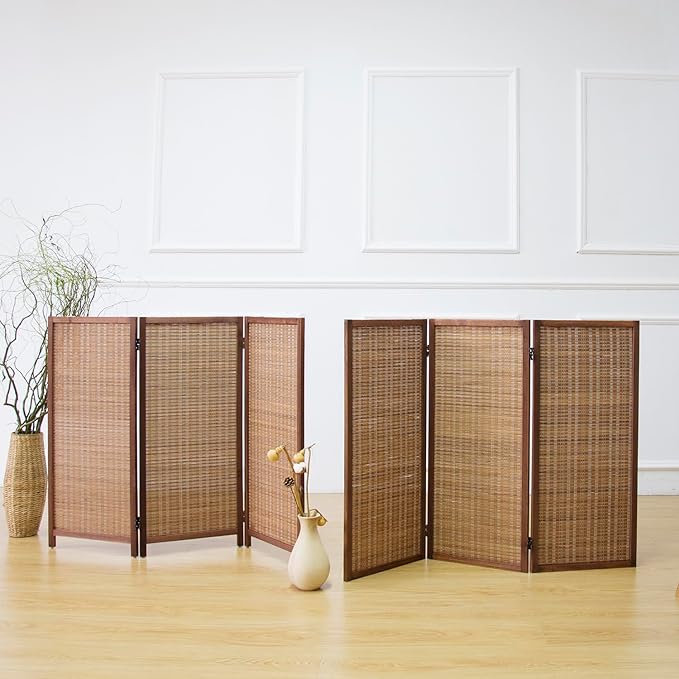 3 Panel Bamboo Room Divider and Folding Screen Divider,Two in One Detachable and Foldable Panel Divider for Room Separation,Brown,67" H x 46" W