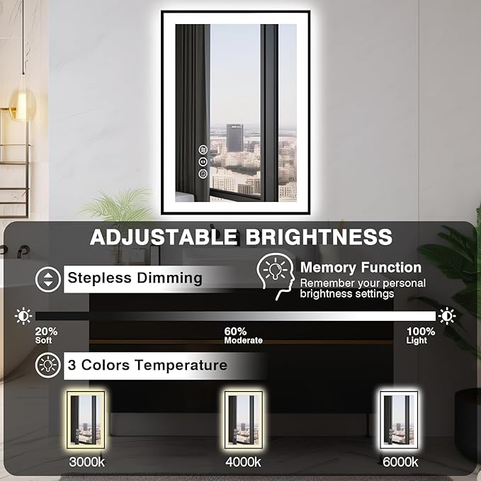24x36 LED Bathroom Mirrors for Wall -Black Aluminum Framed (Front and Backlit), Anti-Fog Vanity Mirror with Lights,Stepless Dimmable Lighted, 3 Colors Smart Mirror(Horizontal/Vertical)