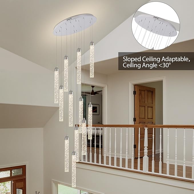12-Lights High Ceiling Crystal Staircase Chandelier Chrome, Modern Spiral Raindrop Dimmable LED Bubble Cluster Ceiling Hanging Lighting Fixture for Foyer Living Room Entrance Remote Control