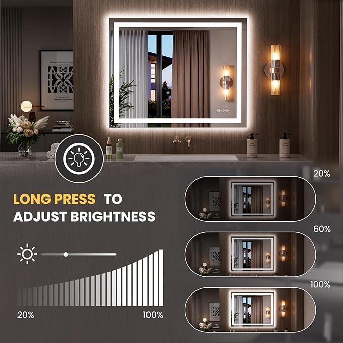 LOAAO 39.4"x31.5" LED Mirror for Bathroom, Lighted Bathroom Mirror with Lights, Anti-Fog, Dimmable, Memory Function, Easy to Install, Clear Reflection
