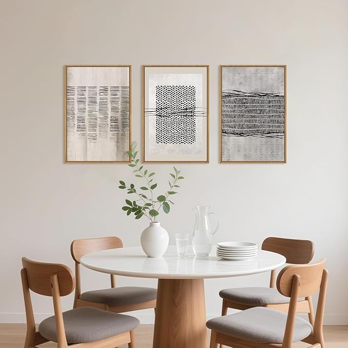 Large Abstract Black and Beige Framed Canvas Wall Art,Minimalist Geometric Lines Wall Decor,Cozy Neutral Shapes Artwork,Modern Lines Dots Art Print for Living Room,Bedroom,Office- 16"x24"x3