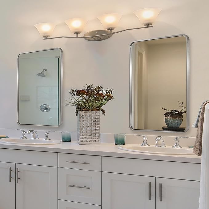 ANDY STAR Brushed Nickel Bathroom Mirror, 40”X30” Satin Nickel Mirror for Vanity, Rounded Rectangle Mirrors in SUS304 Anti-Rust Tube Metal Frame, Wall Mounted Horizontal/Vertical 1’’ Deep
