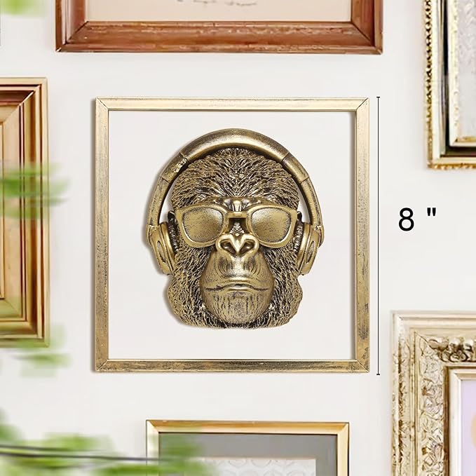 Newinhome Animal Heads Wall Decor (Includes Metal Frame) Resin Animals Sculptures Head Wall Hanging Decoration Gold vintage Wall Sculpture for Living Room Bedroom Office (Gorilla)