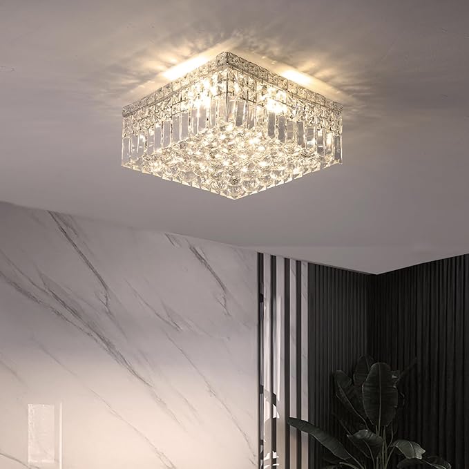 4-Lights Modern Flush Mount Ceiling Light Fixtures,Elegant Crystal Chandelier Pendant Ceiling Lamp for Bedroom,Living Room,Dining Room,Hallway H5.9 x W13.7 x L13.7 (Bulbs Not Included) Square