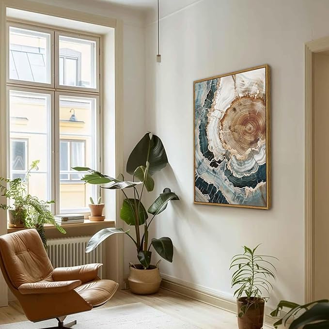 BingruiArt Large Framed Tree Ring Wall Art Wood Canvas Colorful Boho Wall Decor Rustic Artwork Abstract Painting Farmhouse Picture Nature Print for Living Room Bedroom Bathroom 24"x36" Natural Framed(06)