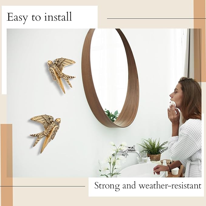 2 Pcs Vintage Bird Wall Sculpture Decor Art 4.7 Inch Antique 3D Sculpted Hanging Bird Resin Wall Art Golden Brass Rustic Floating Ornament for Living Room Garden Indoor Outdoor, Gift for Christmas