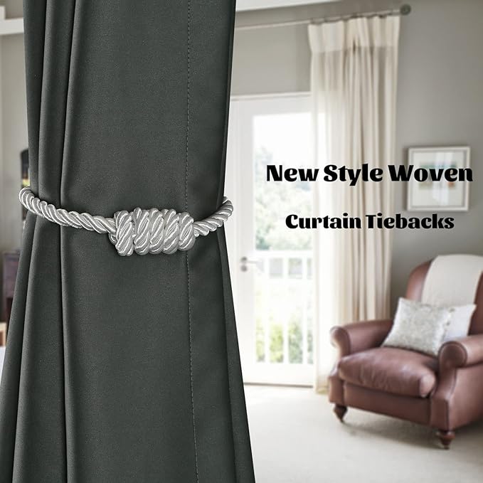 BEL AVENIR Magnetic Curtain Tiebacks, Decorative Drapery Holdbacks Modern Woven Tie-Backs with Exquisite Knot (White, 2 Pack)
