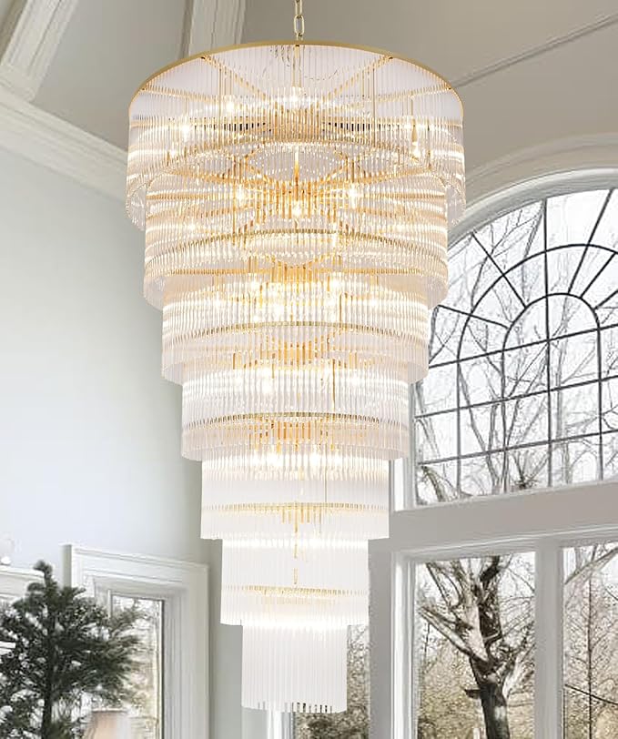 Large Gold Chandeliers H68 Modern High Ceiling Chandelier 7-Tier Glass Chandelier Foyer Entryway Ceiling Light Fixture for Staircase Grand Living Room Entry Extra Long