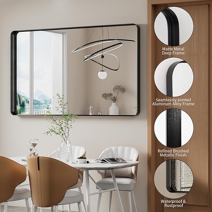 Koonmi Black Wall Mirror for Bathroom, 36x60 Inch Matte Deep Framed Rounded Rectangle Vanity Mirror for Farmhouse Living Room, Tempered Glass, Anti-Rust, Vertically or Horizontally