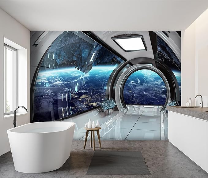 -3D Capsule Space Fabric Wallpaper Living Room Bedroom Bathroom Boys Girls Children's Room Spaceship Large Mural- 91"x65"（ not Peel and Stick）