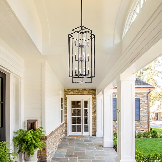 12 Lights Pendant Light, Metal Lantern Island Light, Vintage Black Ceiling Light, Industrial Tiered Hanging Light Fixture, Farmhouse Chandeliers for Dining Room, Living Room, Kitchen