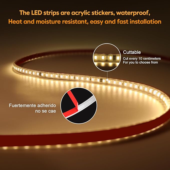 AC 110V LED Strip Lights 2 Meter Warm White 3000K SMD 2835 Cuttable LED Tape 6.56 Feet Adhesive LED Lights Tape IP67 Waterproof 120 Volt Direct 2M (Warm White, 6.56ft)