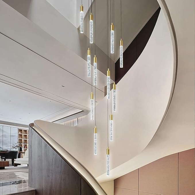 12-Light Modern Living Room Chandelier Gold Brass Finish Crystal Ceiling Pendant Lights LED Dimmable 72W 6000K Staircase Large Chandeliers for Entryway Lobby Foyer High Ceiling Chandeliers
