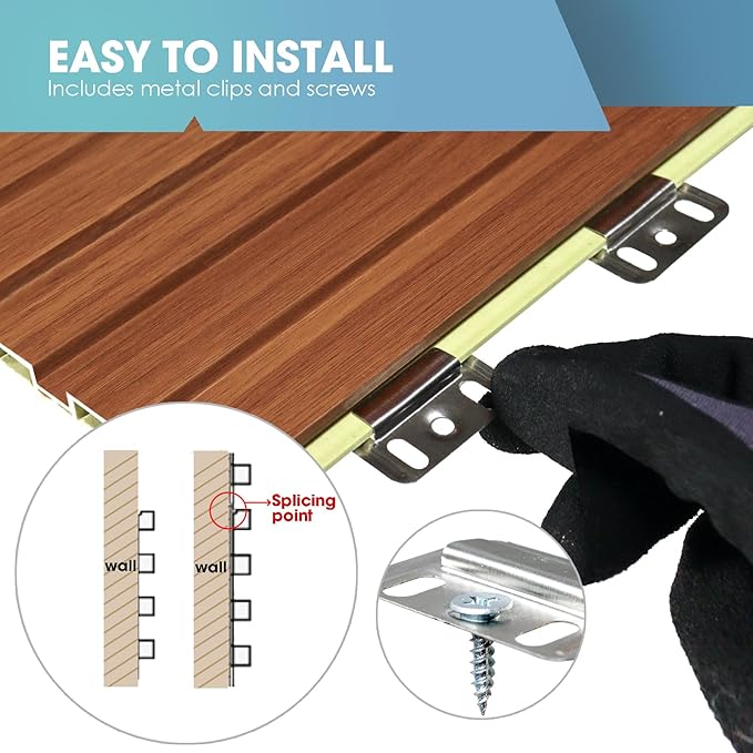 OUZUGIE WPC Acoustic Slat Wall Paneling, 8-Pack 114 x 6 Inches 3D Wall Panels for Interior Wall Decor,Living Room,TV Background,Study Room,Office Spaces,Bedroom,Low Grille (Teak)