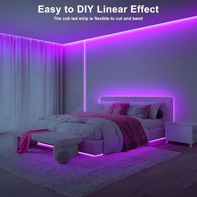 16.4ft Purple COB Led Strip Lights with Remote, Dimmable Bright Dotless Adhesive Indoor Led COB Light Strip for Cabinet, Painting, Room, Bed