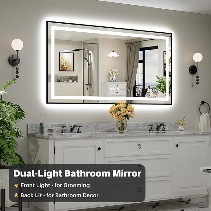 66x36 Inch LED Bathroom Mirror with Black Frame, Backlit & Front Lit, Anti-Fog Lighted Bathroom Vanity Mirror for Wall, Memory Function, Dimmable, HD Tempered Glass, Shatter-Proof