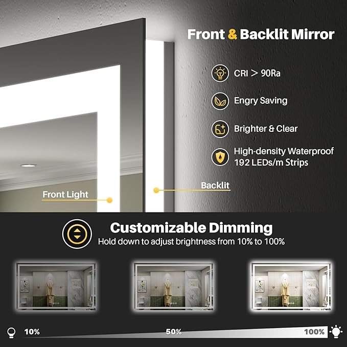 68"x36" LED Bathroom Mirror with Lights, Backlit & Front Lit, Lighted Wall Mirrors for Bathroom Vanity, Touch Screen Dimmable, Anti-Fog, Memory Function, HD Tempered Glass, Shatter-Proof, ETL Listed