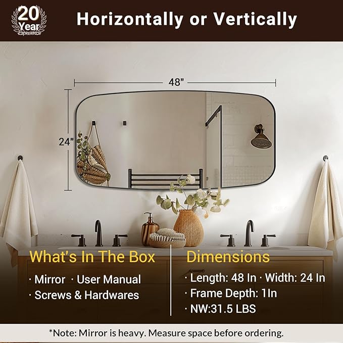 ANDY STAR 24x48 Black Bathroom Mirror, Oblong Vanity Mirror with Stainless Steel Metal Frame, Matte Black Oval Mirror for Over Sink, Modern Anti Rust Wall Mounted