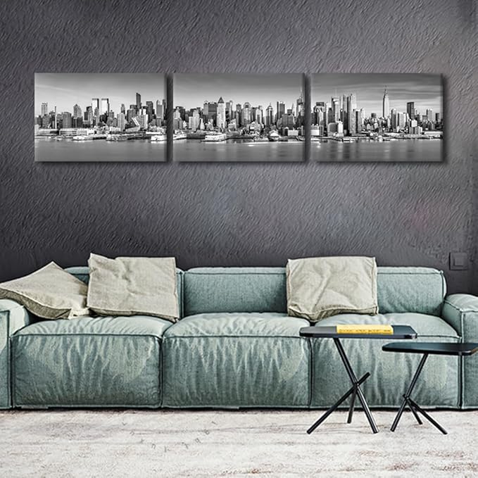 New York Wall Art Black and White City Panorama Cityscape Pictures Print On Canvas Urban Building Artwork Wall Art for Living Room Office Giclee Posters and Prints Framed Ready to Hang 16x72 Inch