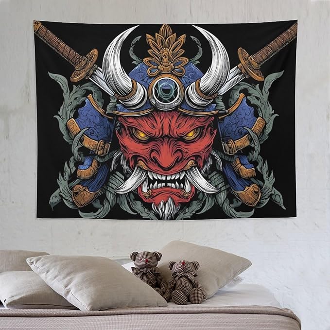 UUKXKUU Oriental Retro Mask Symmetry Samurai Tapestry Flag Backdrop Wall Hanging Large Wall Art Decor for Dorm Office Bedroom Living Room 60"×80"