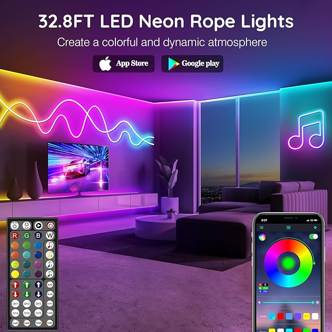 32.8Ft Neon Rope Lights,Flexible Led Rope Lights Control with App/Remote,Multiple Modes Rope Lights,IP65 Outdoor RGB Led Neon Lights Waterproof,Music Sync Gaming Led Neon Light Strip for Bedroom Decor