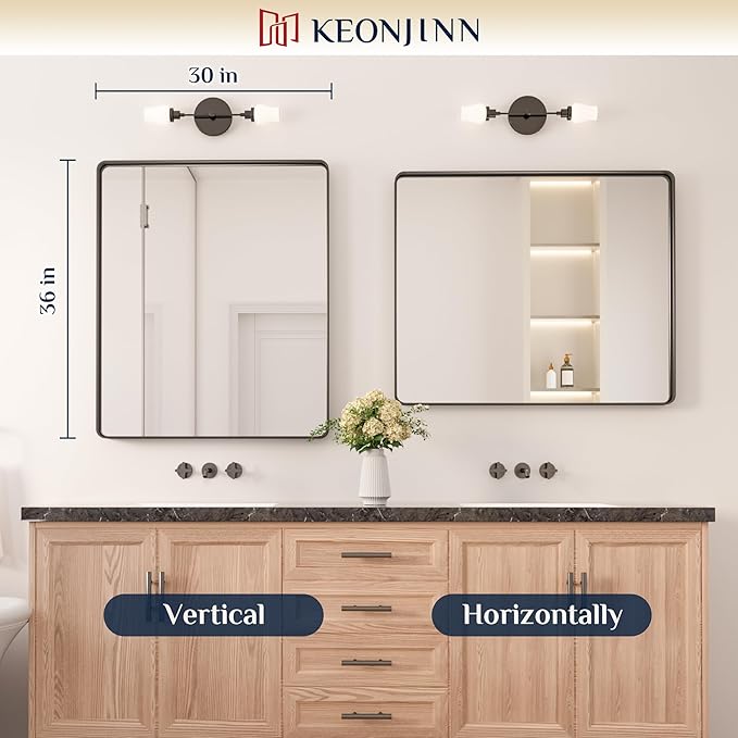 Keonjinn Black Framed Mirrors for Bathroom 30 x 36 Inch Rounded Rectangle Wall Mirror, Matte Black Farmhouse Bathroom Vanity Mirror with Seamless Metal Frame, HD Tempered Glass(Horizontal/Vertical)