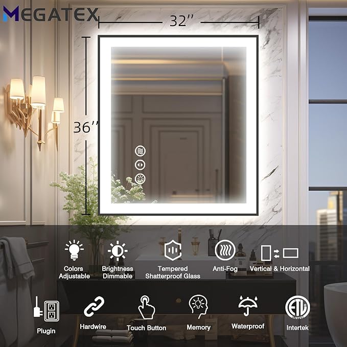 32x36 LED Mirror for Bathroom, Black Metal Framed, Vanity Mirror with Lights, 3 Color Modes, Dimmable CRI90+, Double Lights, Anti-Fog, Shatter-Proof, Waterproof, Memory (Horizontal/Vertical)