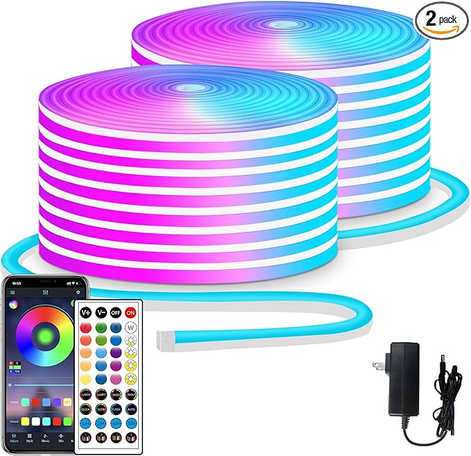100ft LED neon Lights with Remote APP Control IP65 Waterproof Flexible Neon LED Strip Lights 24v RGB LED neon Rope Lights for Bedroom Room Outdoors Decor（2 Rolls of 50ft