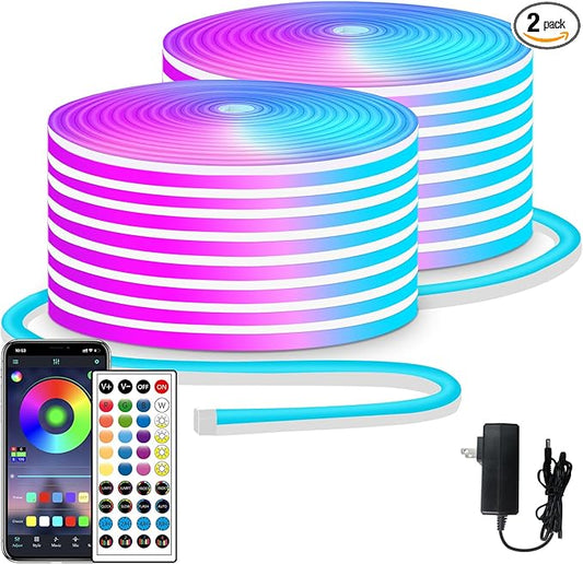 100ft LED neon Lights with Remote APP Control IP65 Waterproof Flexible Neon LED Strip Lights 24v RGB LED neon Rope Lights for Bedroom Room Outdoors Decor（2 Rolls of 50ft