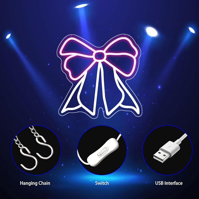Bow Neon Sign, Neon Signs for Wall Decor Neon White Pink LED Signs Room Neon Light Up Signs Home Decor for Bedroom Club Party Bar Shop USB Operated
