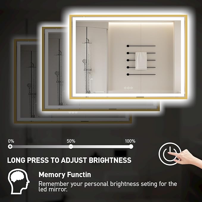 55X36 Inch Led Bathroom Mirror,Frontlit and Backlit Lighted Mirror,Gold Metal Frame Vanity Mirror for Wall,Double Lights Strips,Anti Fog Stepless 3 Colors Temperature & Dimmable