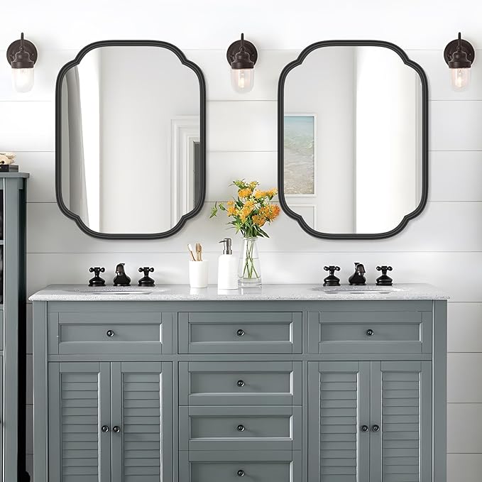 Black Bathroom Mirror for Wall, 18" x 24" Rectangular Wall Mirror for Bathroom Metal Frame Farmhouse Rounded Corner Wall Mirror (Horizontal/Vertical)