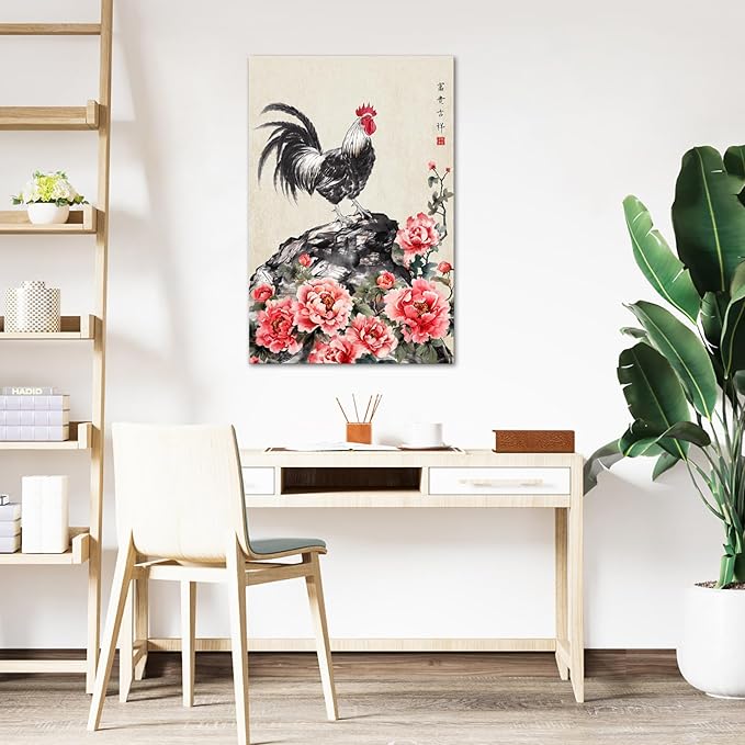Canvbay Traditional Chinese Wall Art Rooster and Peony Floral Ink Painting on Canvas Framed Oriental Decor for Living Room Study 24x36 Inch
