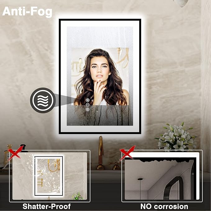 20x28 LED Bathroom Mirrors for Wall -Black Aluminum Framed (Front and Backlit), Anti-Fog Vanity Mirror With Lights,Stepless Dimmable Lighted Mirror,3 Colors Smart Mirror(Horizontal/Vertical)