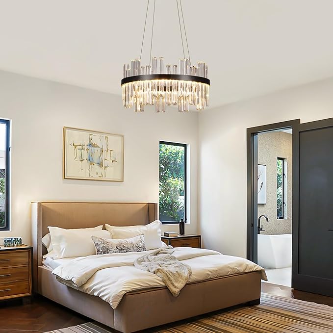 Black Modern Led Crystal Chandelier: 19.7" Round K9 Luxury Clear Crystals 3 Color Dimmable Contemporary Chandeliers for Dining Room Lights over Table - Adjustable Height Living Room Light with Remote