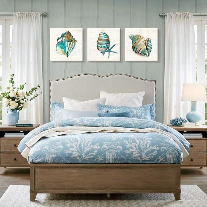 JAPO ART - Sea Lift Picture Abstract Artwork Aquarelle Color Blue Shells Gold Foil Painting Print on Canvas 20x20Inchx3 pcs