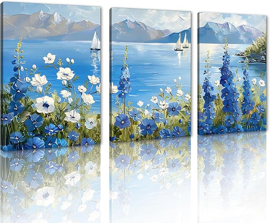 MAMAGO Large 3 Pieces Blue Wildflower Wall Decor Vintage Nautical Plant Canvas Print Oil Painting Coastal Natural Scenery Picture Modern Bathroom Farmhouse Artwork Framed Easy to Hang-24”x36”x3pcs