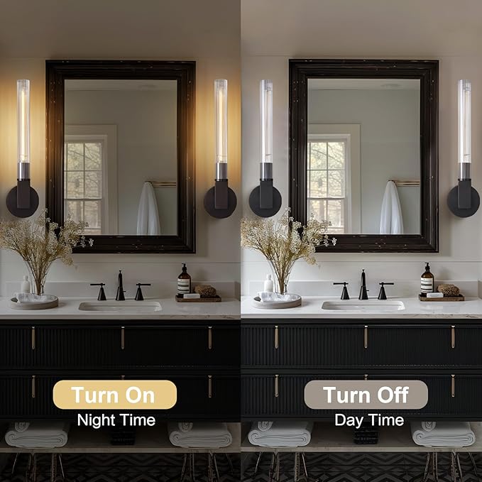 Black Wall Sconces Set of 2, Modern Bathroom Vanity Lights with Glass Shades - Industrial Vintage Wall Lamps for Mirror, Bedroom, Living Room, Hallway