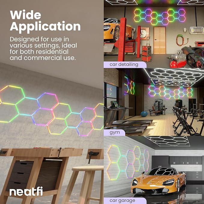 Neatfi LED Hexagon Garage Lights, 43.2W, Honeycomb Ceiling Light for Auto Shops, Car Detailing, Workshop, Gym, Basement, Warehouse, Barber Shop and Beauty Salons (5 Hex Grids, RGB)
