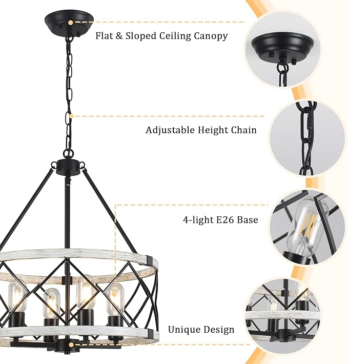 4-light Farmhouse Chandelier for Dining Room 17.7 inch Rustic Drum Chandeliers Adjustable Hanging Pendant Light Fixture for Kitchen Island Entryway Foyer Bedroom Living Room Hallway,Gray & Black,E26