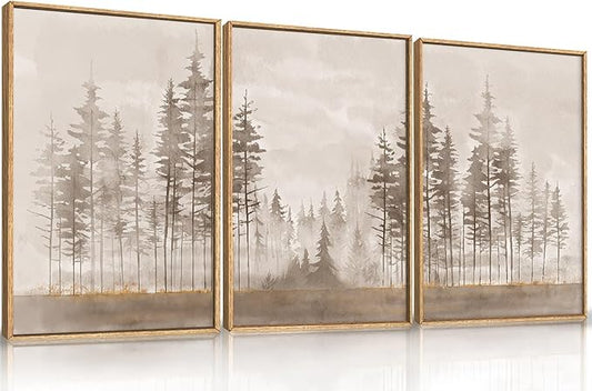 Beige Foggy Pine Tree Framed Canvas Wall Art Set,Modern Misty Forest Wall Decor,Nature Landscape Brown Art Print for Living Room,Bedroom-16 x24 x3